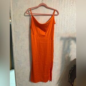 LYANER Women's Drape Cowl Neck Midi Dress, Side Slit, Sleek, Elegant Sz Large